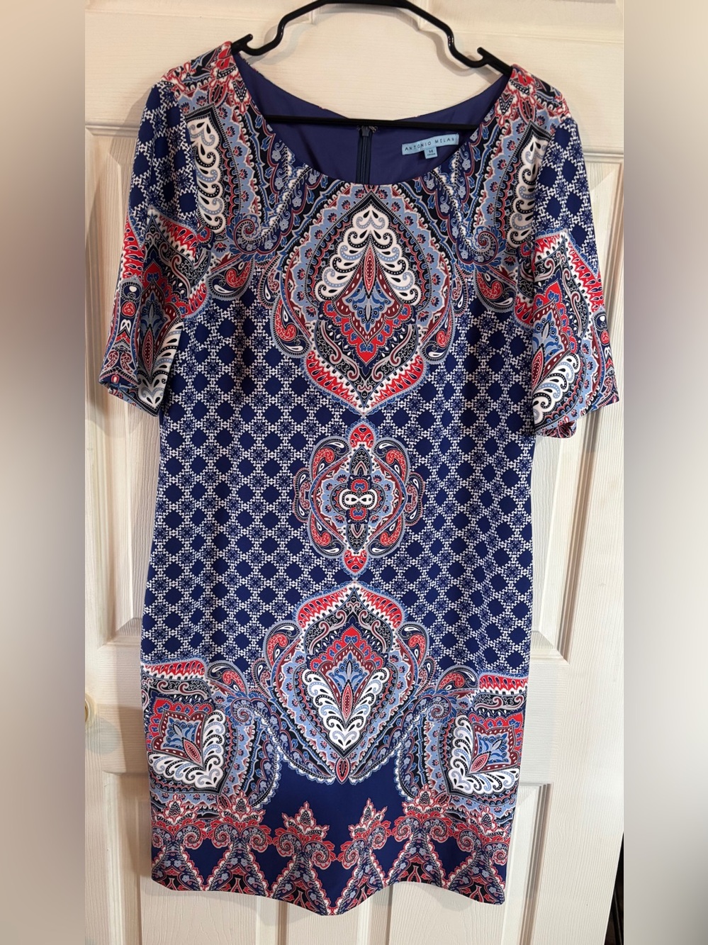 ANTONIO MELANI Navy Paisley-Print Midi Dress with Red & White Accents